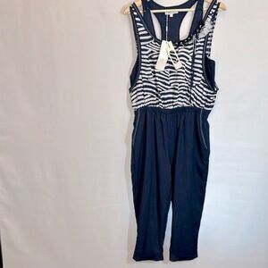 Forla Paris Womens Size L Jumpsuit Sleeveless Striped Pockets Lightweight Boho